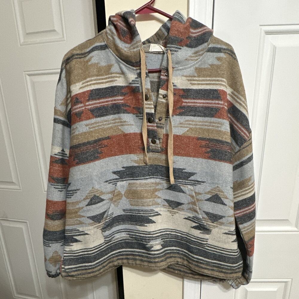 New in Women's Multicolor Aztec Geometric Pullover Hoodie Button Neck L